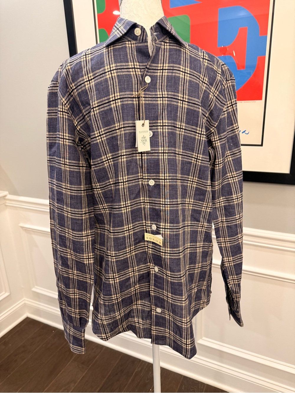 Eleventy Platinum Blue Plaid Linen Cotton Button Down Shirt Medium Italy Luxury